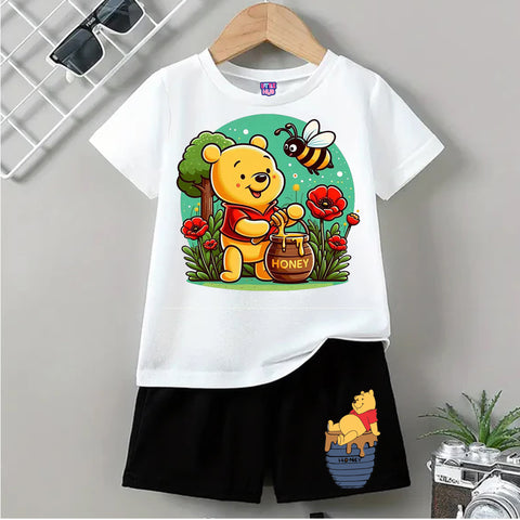 Kids Winnie the Pooh Outfit – White T-Shirt & Black Shorts