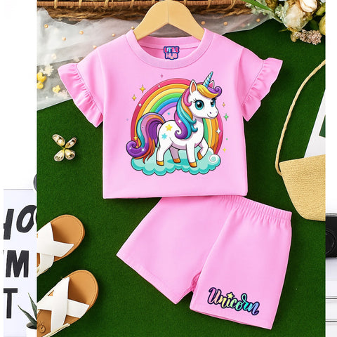 "Magical Unicorn & Rainbow" Outfit – Pink T-Shirt & Shorts