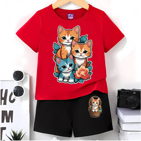 Cute Cats Outfit – Red T-Shirt & Black Shorts