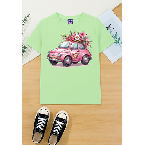 Green T-Shirt with Pink Car & Flowers Design