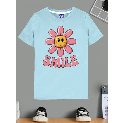 Light Blue T-Shirt with Smiley Flower Print