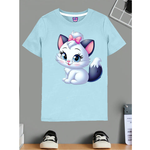Sky Blue Cute Kitten with Pink Bow T-Shirt