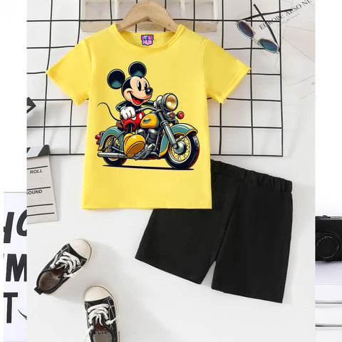 Mickey Mouse Motorcycle Outfit – Yellow T-Shirt & Black Shorts